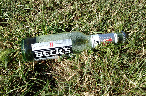 Leere Beck’s-Flasche im Gras