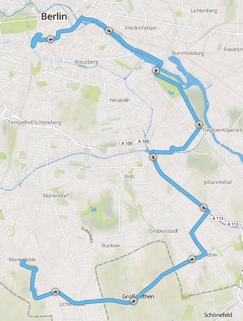 Karte mit Strecke des langen Laufs zum Berlin-Marathon 2014: Von Marienfelde über Rudow und Treptow bis zum Potsdamer Platz
