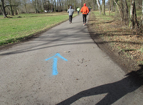 Ein blauer Pfeil weist den Weg für die 20-km-Läufer