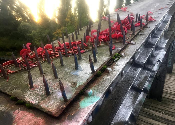 Rote Herbstblätter auf stacheliger Eisenkonstruktion der Brücke
