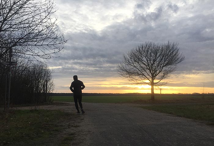 Läufer- und Baumsilhouetten vor einem Sonnenaufgang