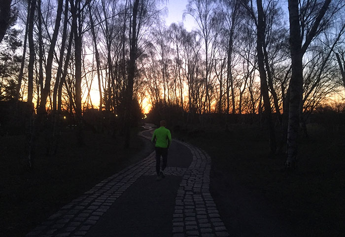 Läufer auf gewundenem Weg vor Sonnenaufgang hinter schwarzen Baumsilhouetten