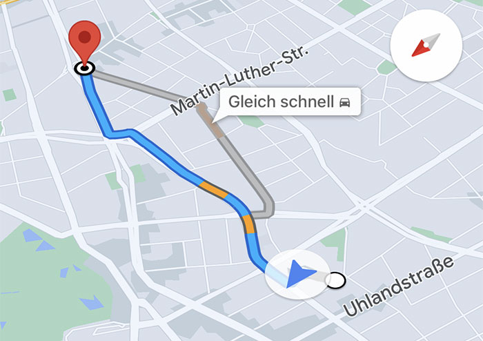 Screenshot aus Google Maps mit der vorgeschlagenen Route
