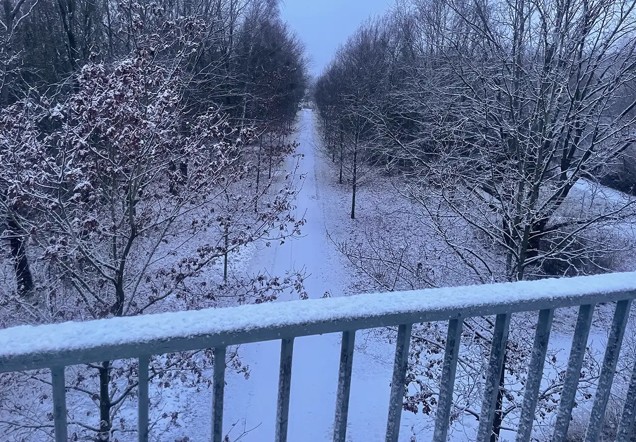 Blick von einer kleinen Brücke auf eine zart schneebedeckte Parklandschaft