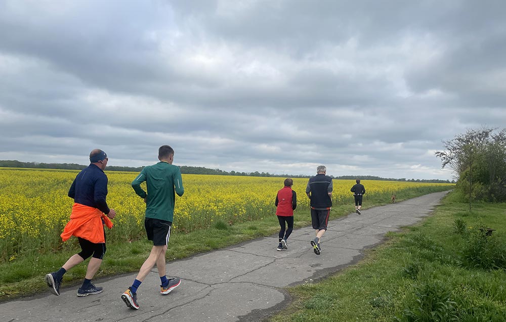 5 Läufer:innen laufen vor einem weiten gelben Rapsfeld bei bedecktem Himmel