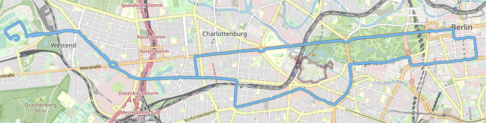 Karte mit der gelaufenen S25-Strecke 2023 mit der Umleitung am Kaiserdamm und dem geänderten Zieleinlauf