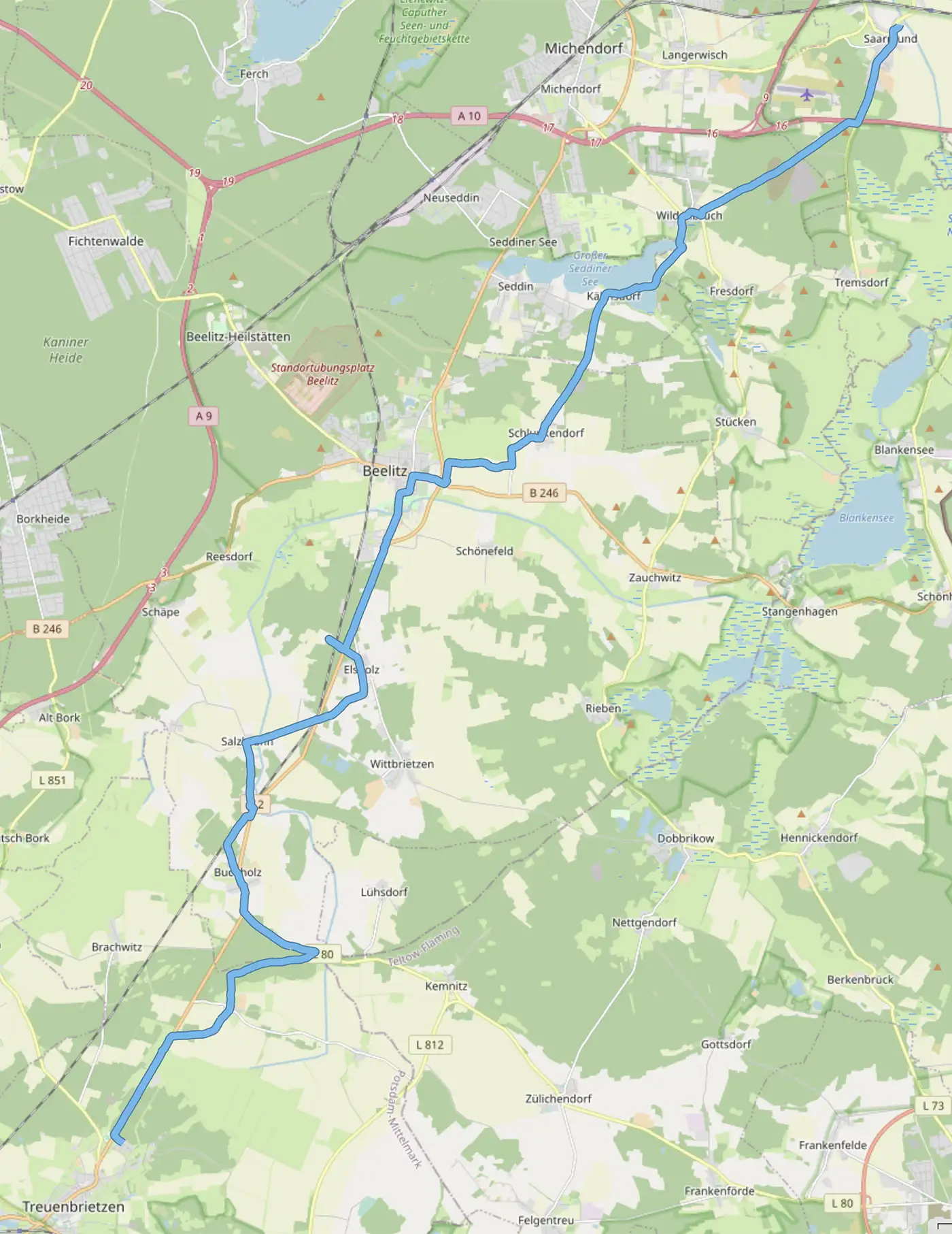 Karte mit der Strecke von Saarmund über Wildenbruch, Kähnsdorf, Schlunkendorf, Beelitz, Elsholz, Salzbrunn und Buchholz nach Treuenbrietzen