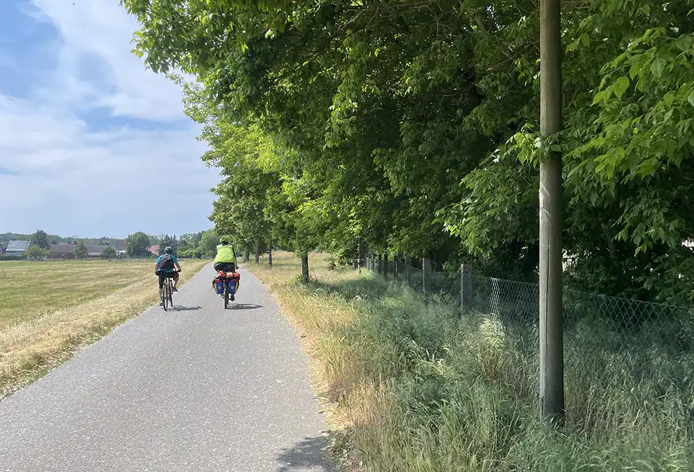 Zwei Radfahrer auf Asphaltweg zwischen Bäumen und großer Wiese