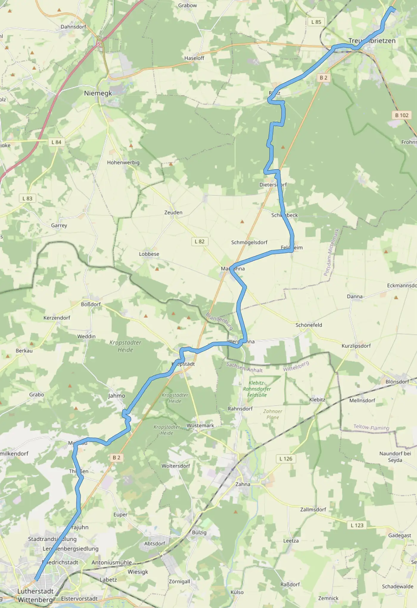 Karte mit der Strecke von Treuenbrietzen über Dietersdorf, Feldheim, Marzahna, Wergzahna, Kropstädt, Mochau und Thießen nach Lutherstadt Wittenberg