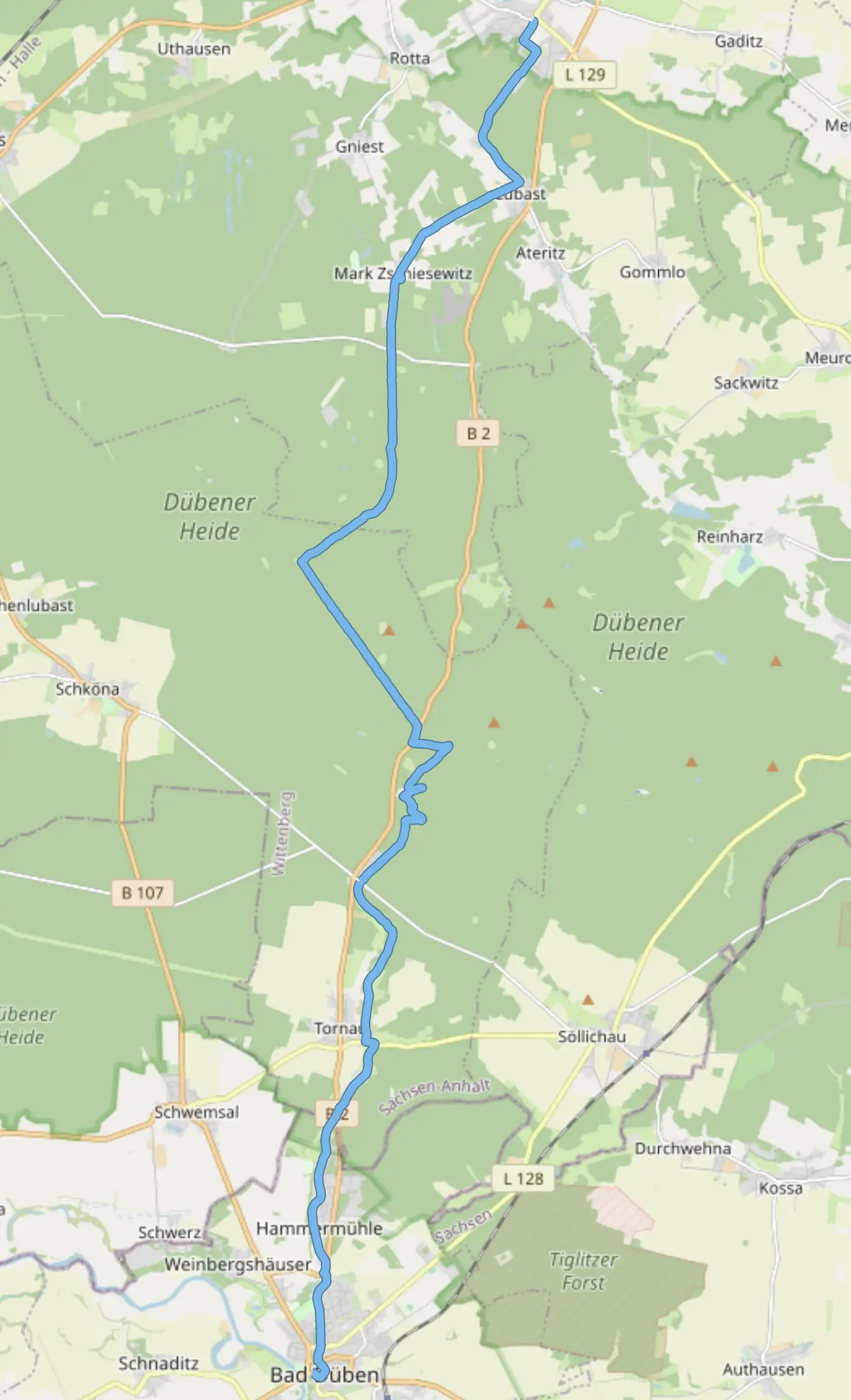 Karte mit der Strecke von Kemberg durch die Dübener Heide nach Bad Düben