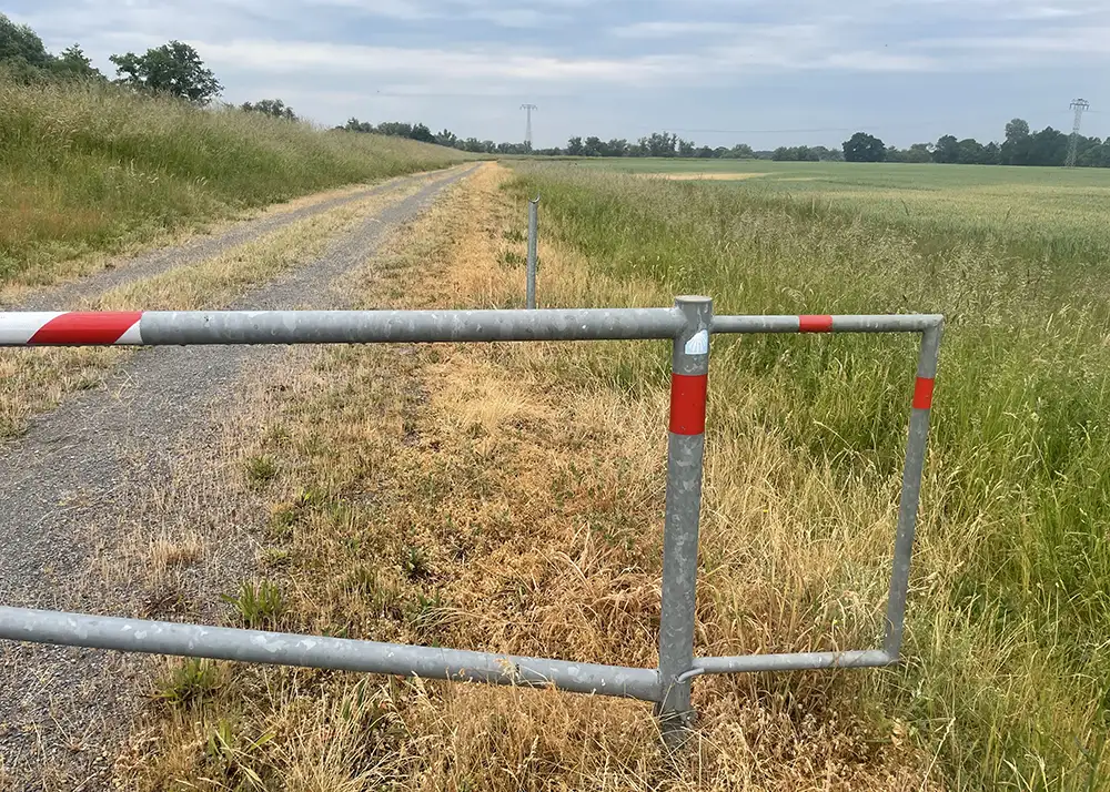Absperrgitter vor einem Weg neben dem Feld, am Metall ein angerissener, ausgeblichener Jakobsweg-Sticker