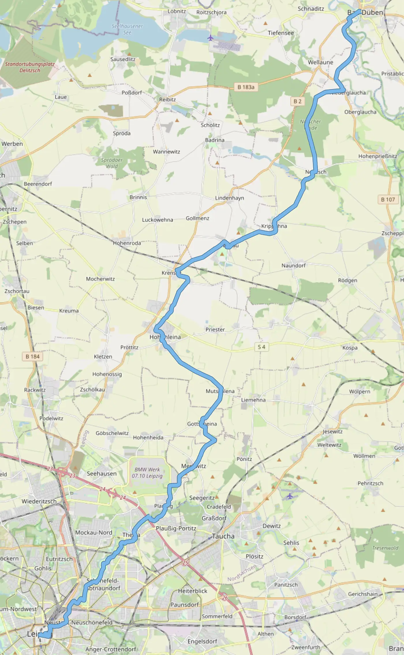 Karte mit der Strecke von Bad Düben über Glaucha, Noitzsch, Krippehna, Mutschlena, Gottscheina und Merkwitz nach Leipzig