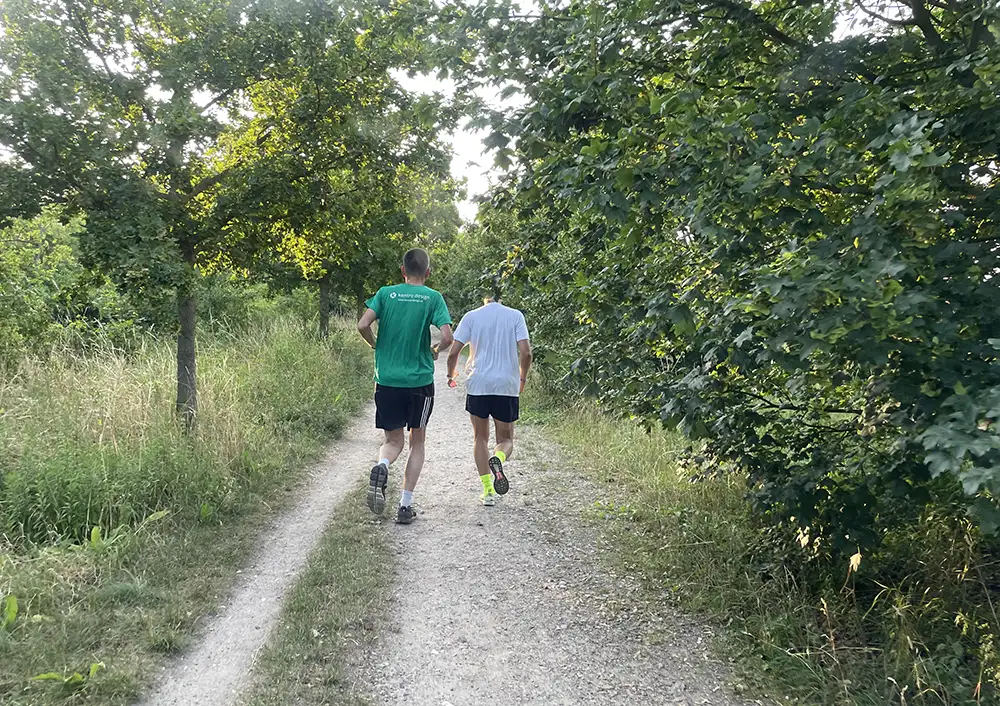 Zwei Läufer auf einem Weg zwischen Gestrüpp, Büschen und Bäumen