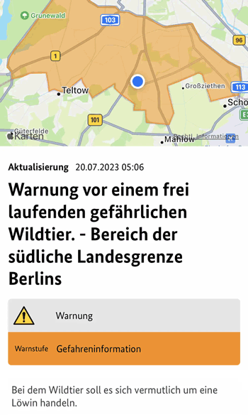 Meldung der Warn-App: Warnung vor einem frei laufenden gefährlichen Wildtier