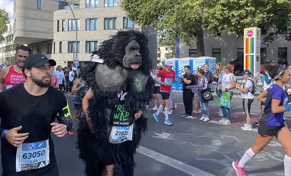 Läufer in einem großen schwarzen Gorilla-Kostüm