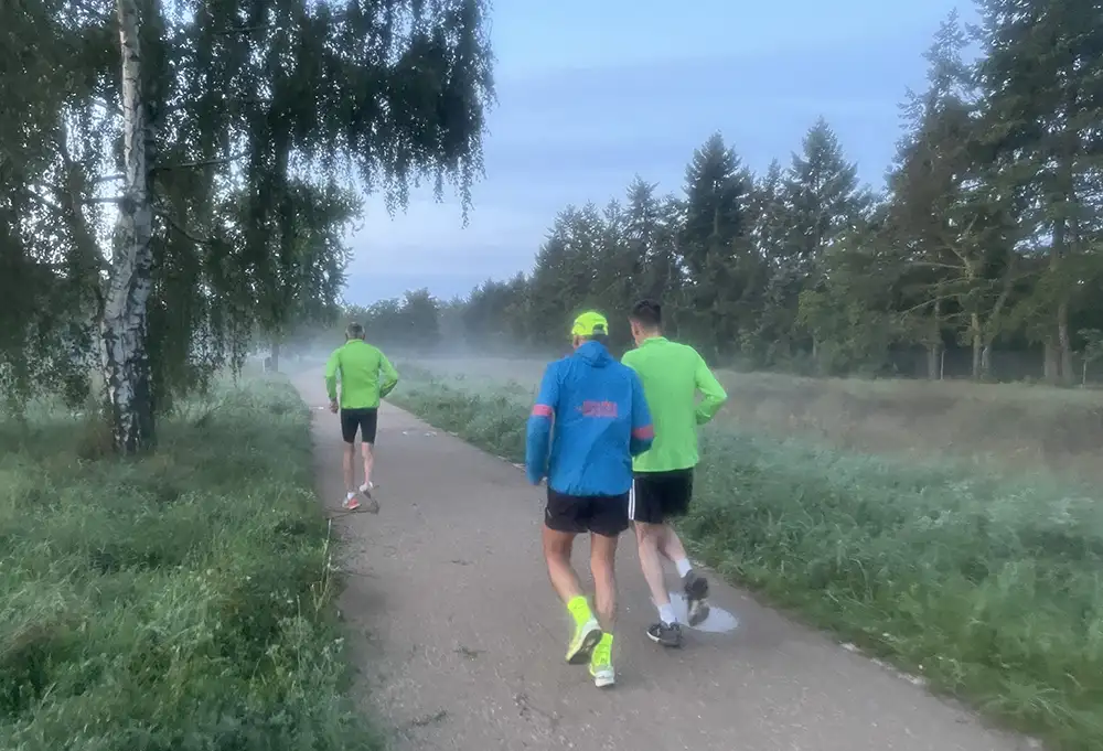 3 Läufer auf einem Parkweg, im Hintergrund Nebel über den Wiesen