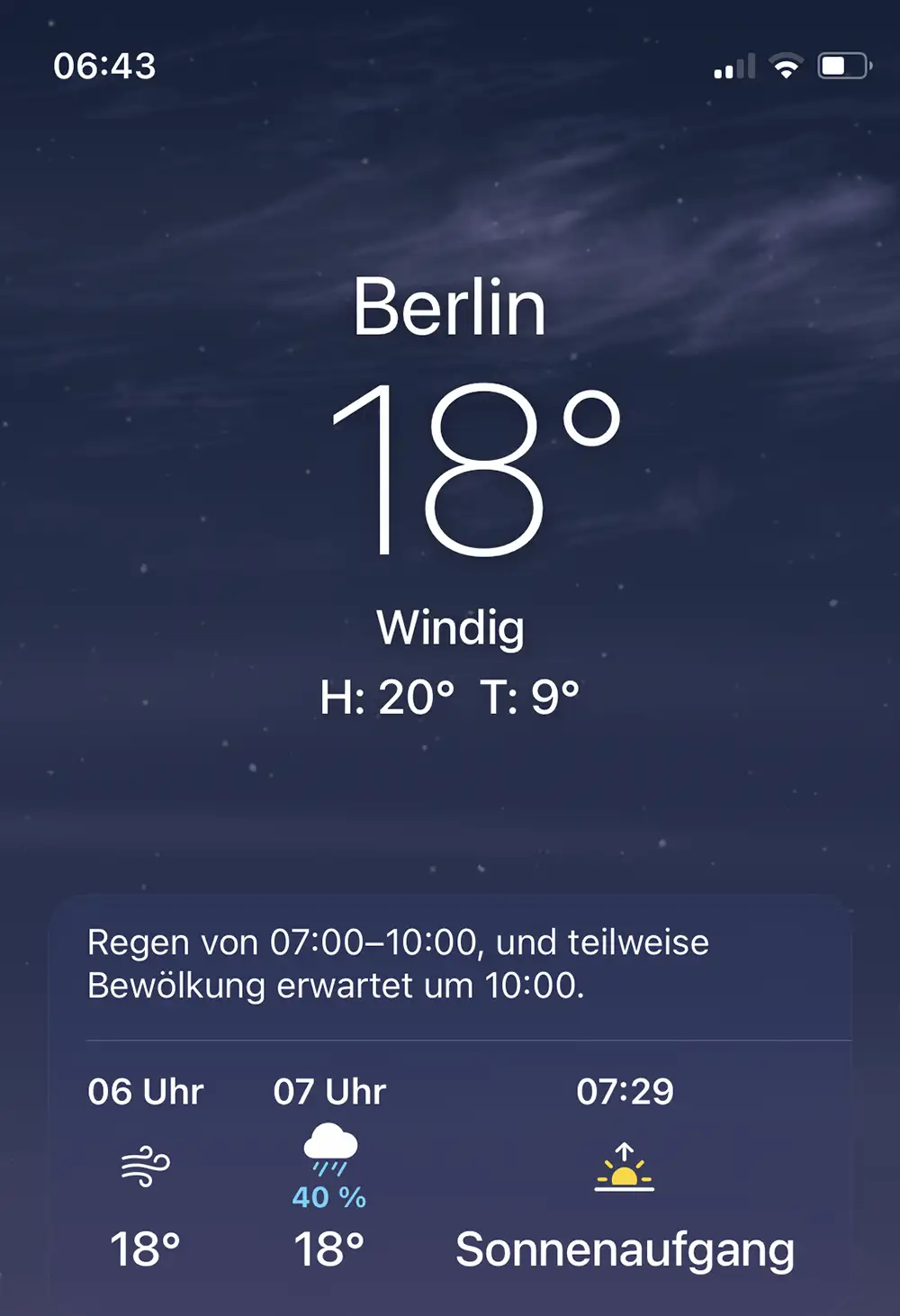 Wetter-App-Screenshot: Berlin, 18°, Regen erwartet