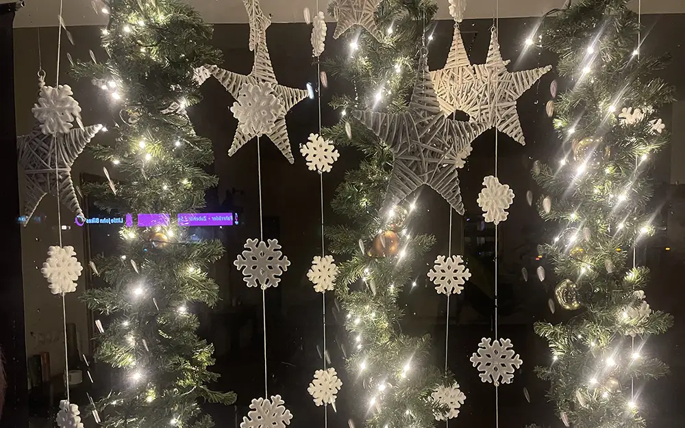 Weihnachtliche Fensterdeko mit silber-weißen Sternen und Schneeflocken vor Tannenzweigen