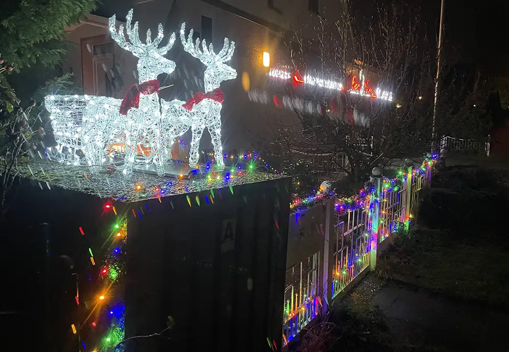 Im Dunkeln leuchtende Weihnachtsdeko mit zwei Rentieren mit Schlitten in weiß und vielen bunten Lichtern am Zaun