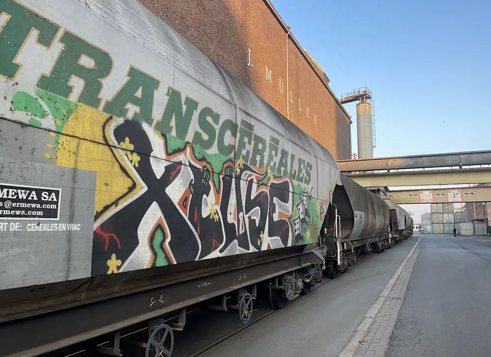 Graffitibeschmierte Eisenbahnwaggons auf dem Hafengelände
