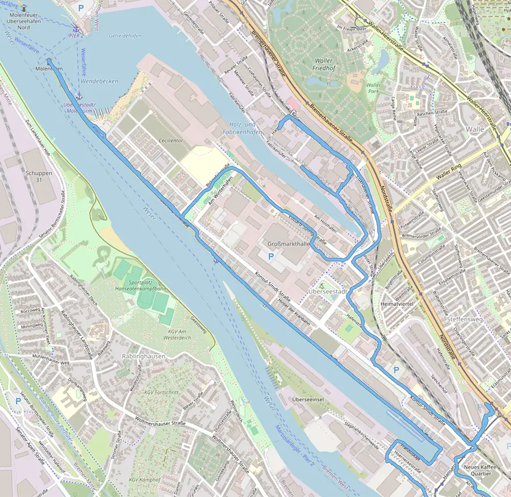 Karte der Laufstrecke Europahafen, Holzhafen und Überseestadt