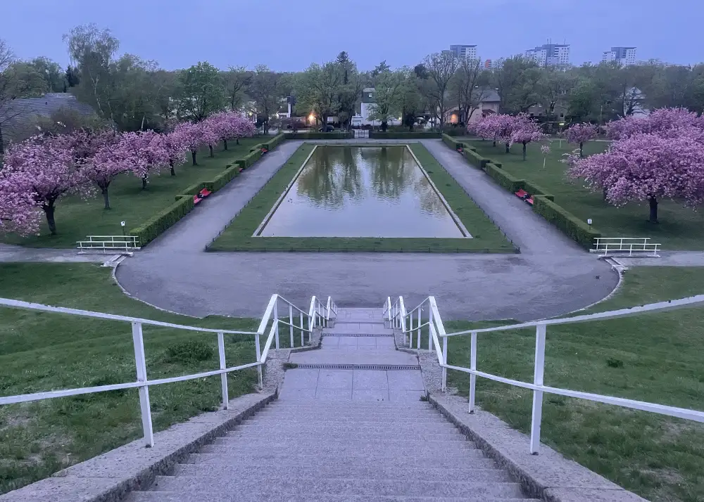 Blick von der Plattform des Lilienthal-Denkmals hinab auf das Wasserbecken und den Park mit vielen blühenden Kirschbäumen