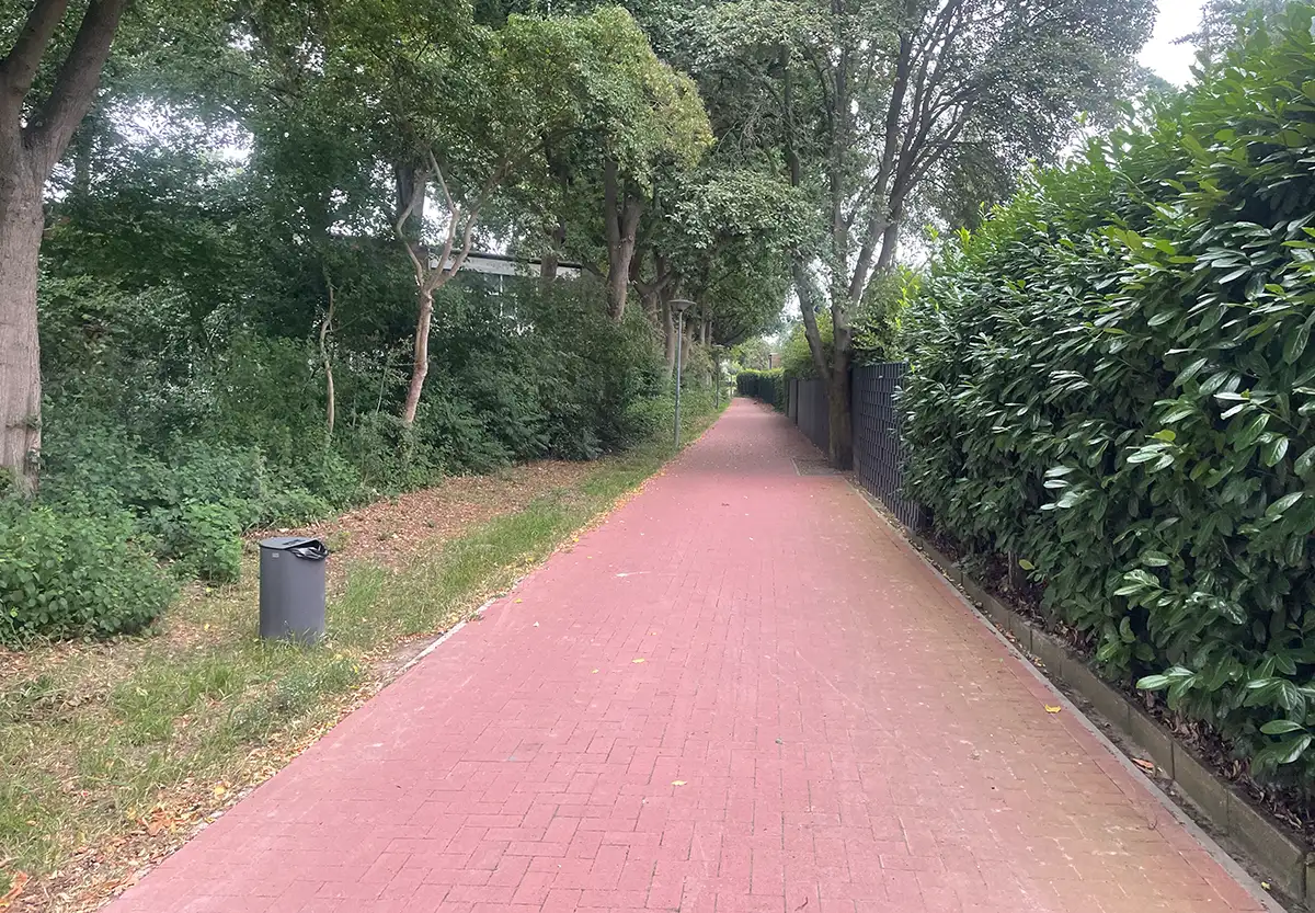 Rot gepflasterter Fuß- und Radweg zwischen hohen grünen Hecken