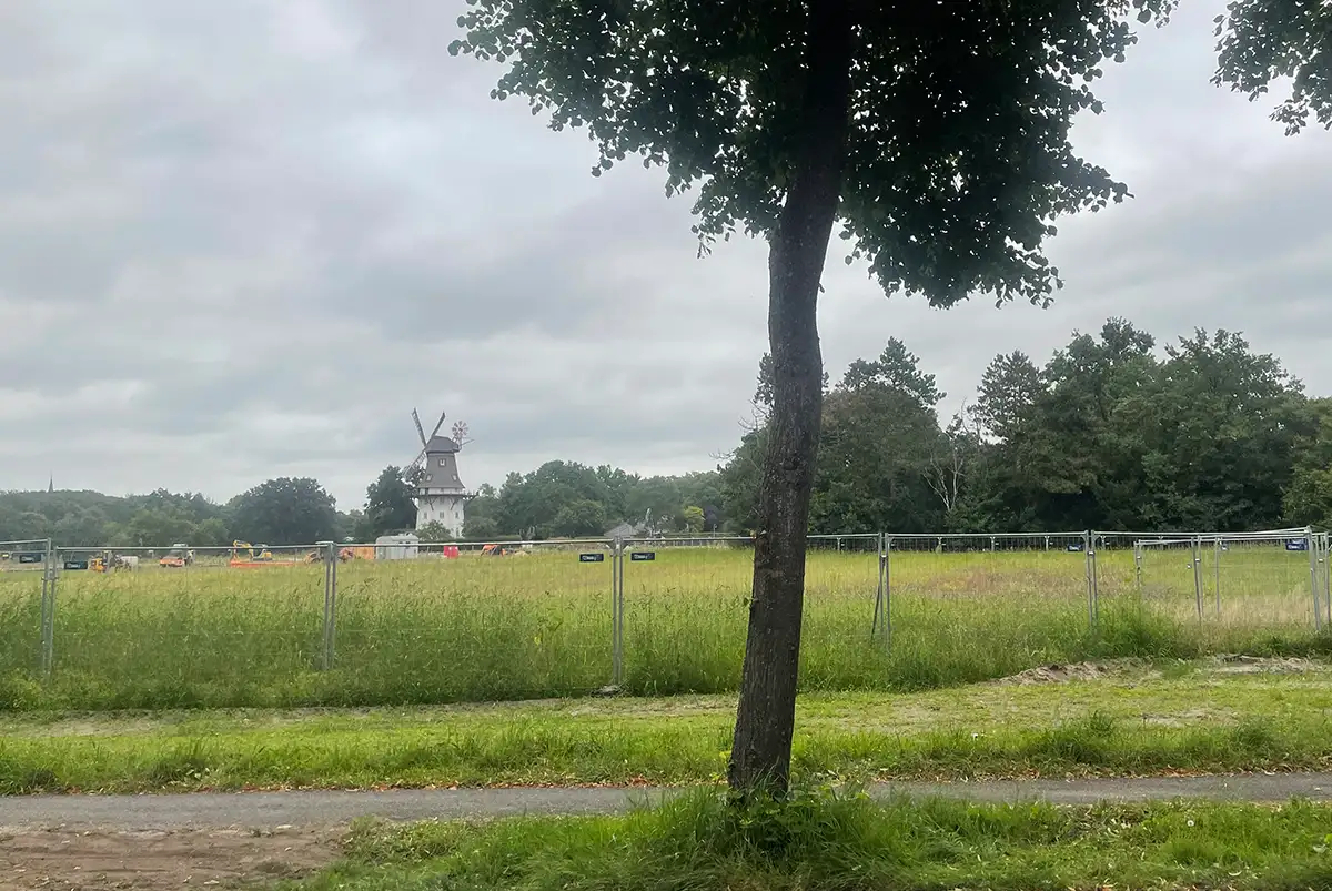 Blick auf die Oberneulander Mühle mit einem Straßenbaum im Vordergrund