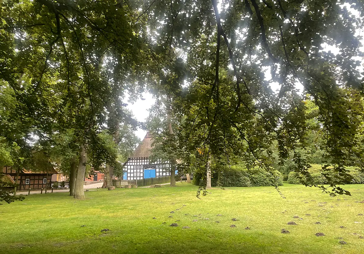 Fachwerk-Bauernhaus zwischen Bäumen