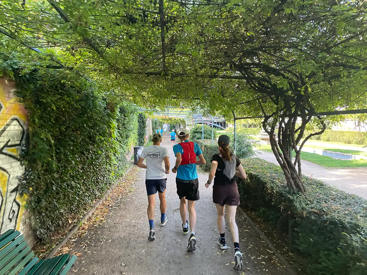 Laufgruppe unter einem grün bewachsenen Laubengang
