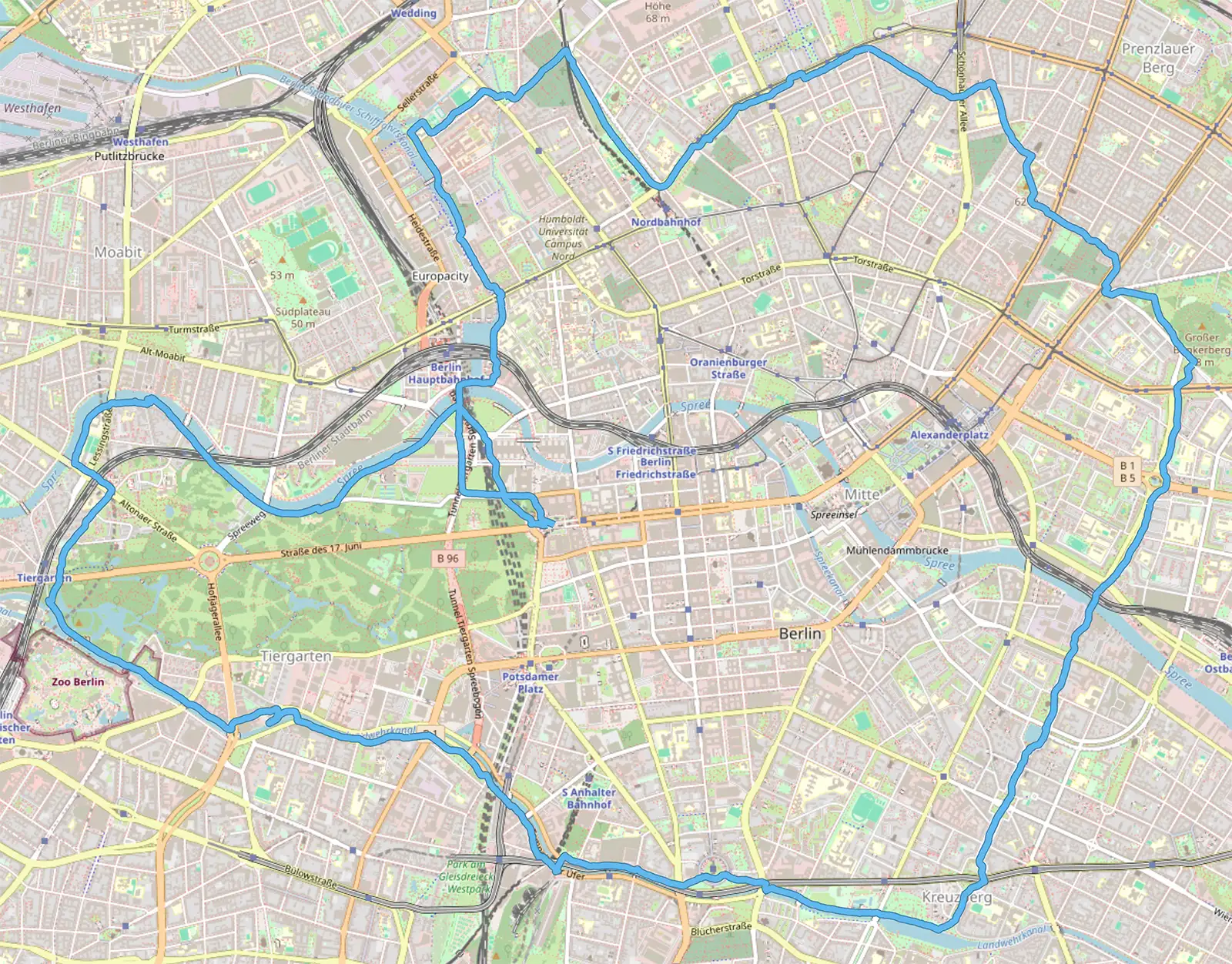 Strecke des Tiergartenring-Laufs mit kleinen Abweichungen von der Originalstrecke 19 der Berliner Grünen Hauptwege