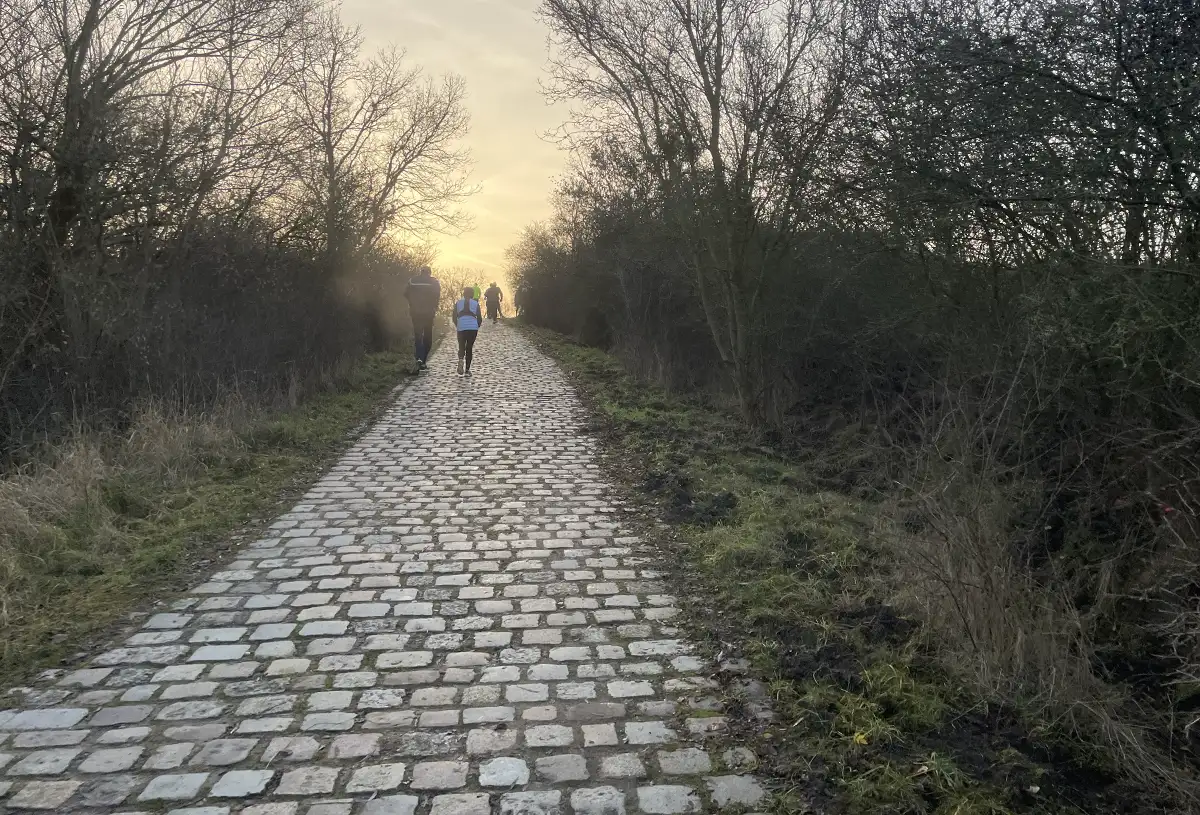 Kopfsteinpflaster-Steigung mit Morgenhimmel