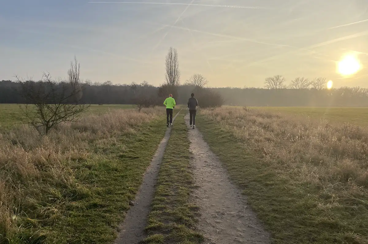 Zwei Läufer auf einem Trampelpfad zwischen Feldern und Wiesen
