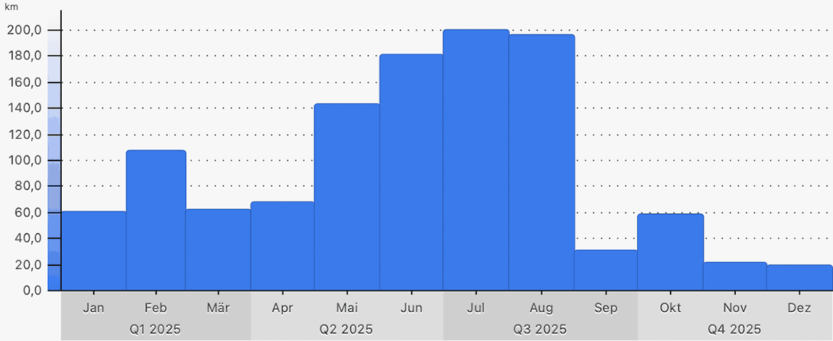 Laufjahr 2025: Kilometer im Monat