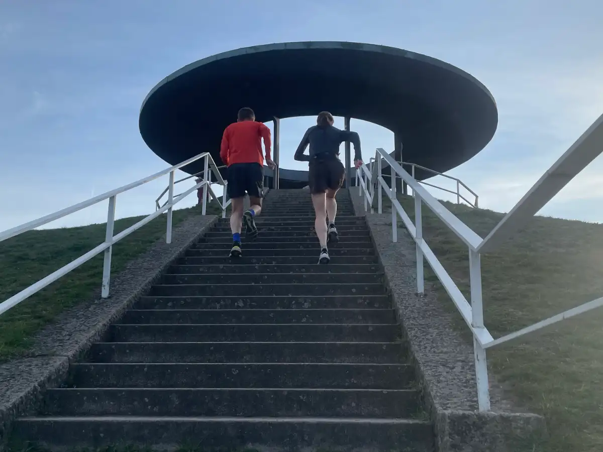 Läuferin und Läufer laufen die Stufen zum Lilienthal-Denkmal hinauf
