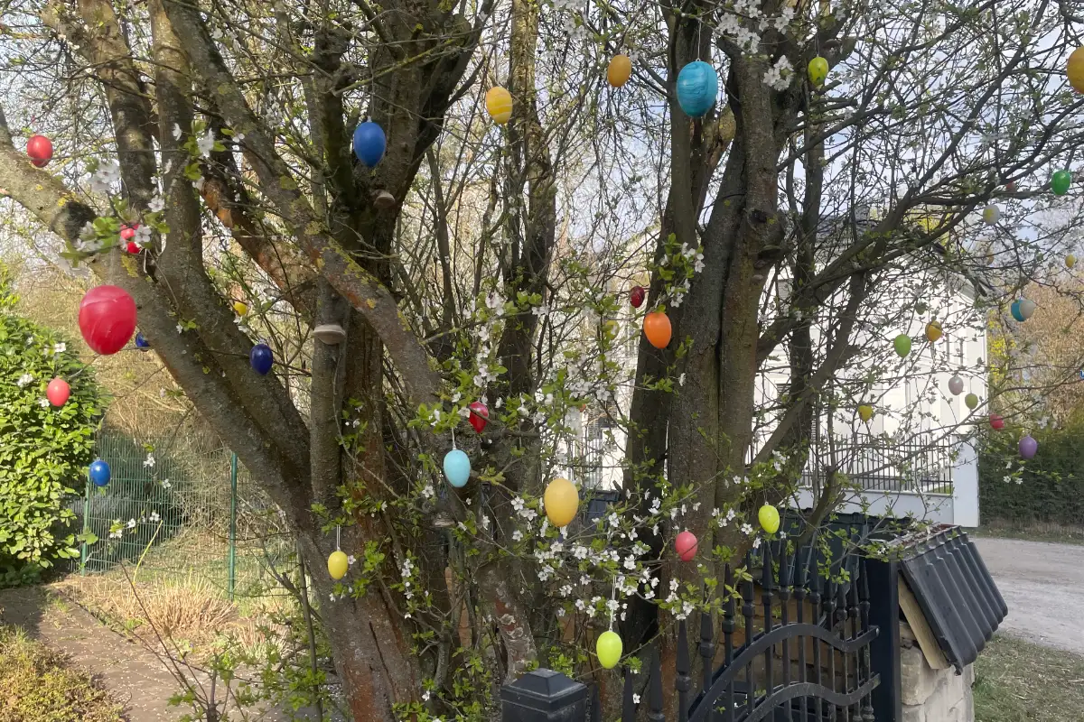 Bunte Plastik-Ostereier in einem Baum an einem Zaun