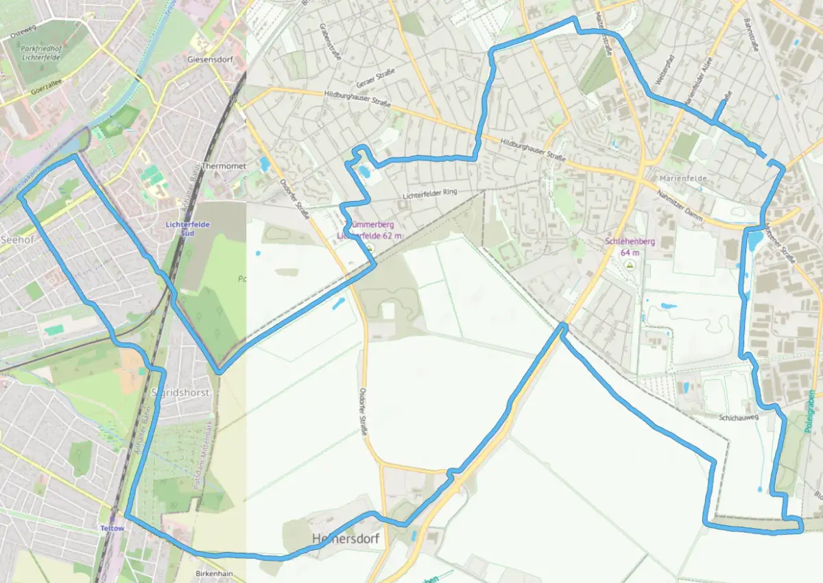 Plan mit der Strecke des Laufs von Marienfelde zum Lilienthal-Denkmal, über den Mauerweg zur Kirschblütenallee und über Sigridshorst und Heinersdorf über den Mauerweg zurück