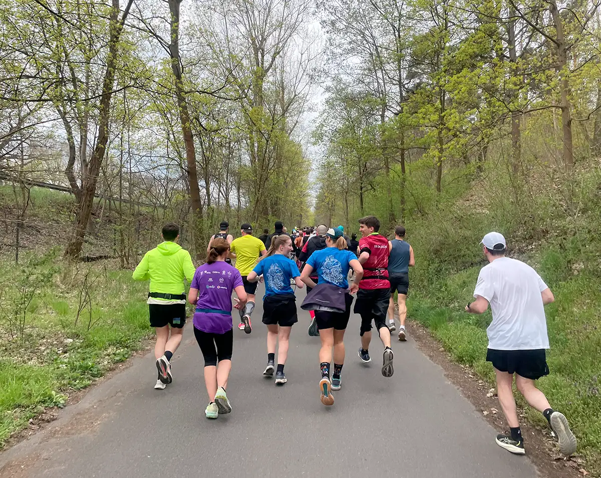 Läuferinnen und Läufer auf einem asphaltierten Weg zwischen grünen Böschungen