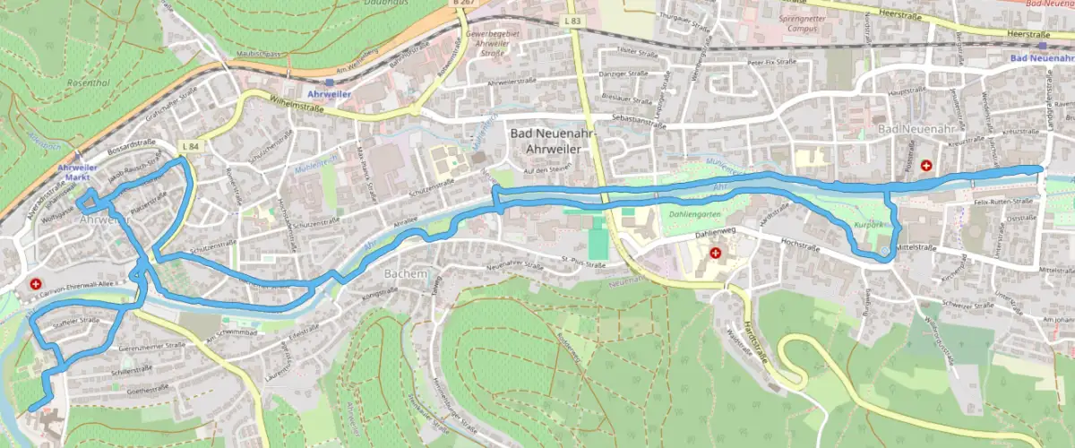 Karte mit der Laufstrecke von Bad Neuenahr nach Ahrweiler und zurück