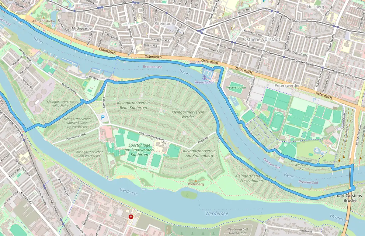 Karte mit eingezeichnetem Streckenverlauf über den Stadtwerder und zurück über den Osterdeich