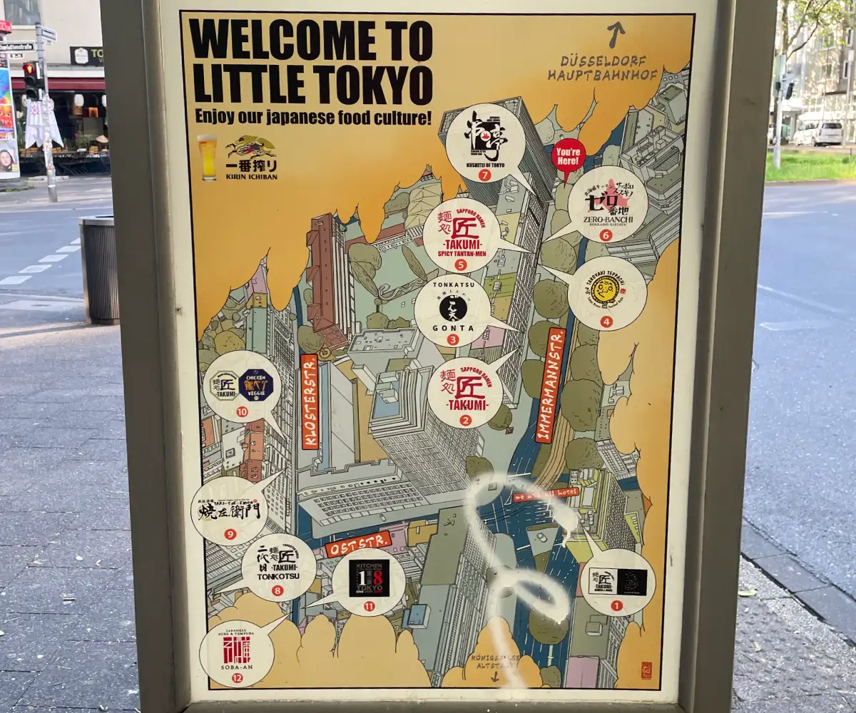 Plakat „Welcome to Little Tokyo“ mit Plan der Immermannstraße