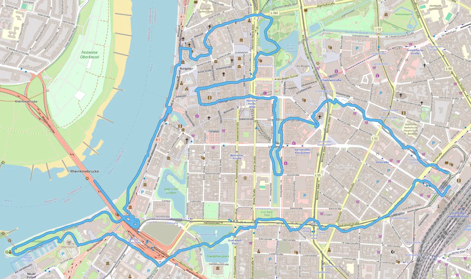 Stadtplan mit eingezeichneter Laufroute