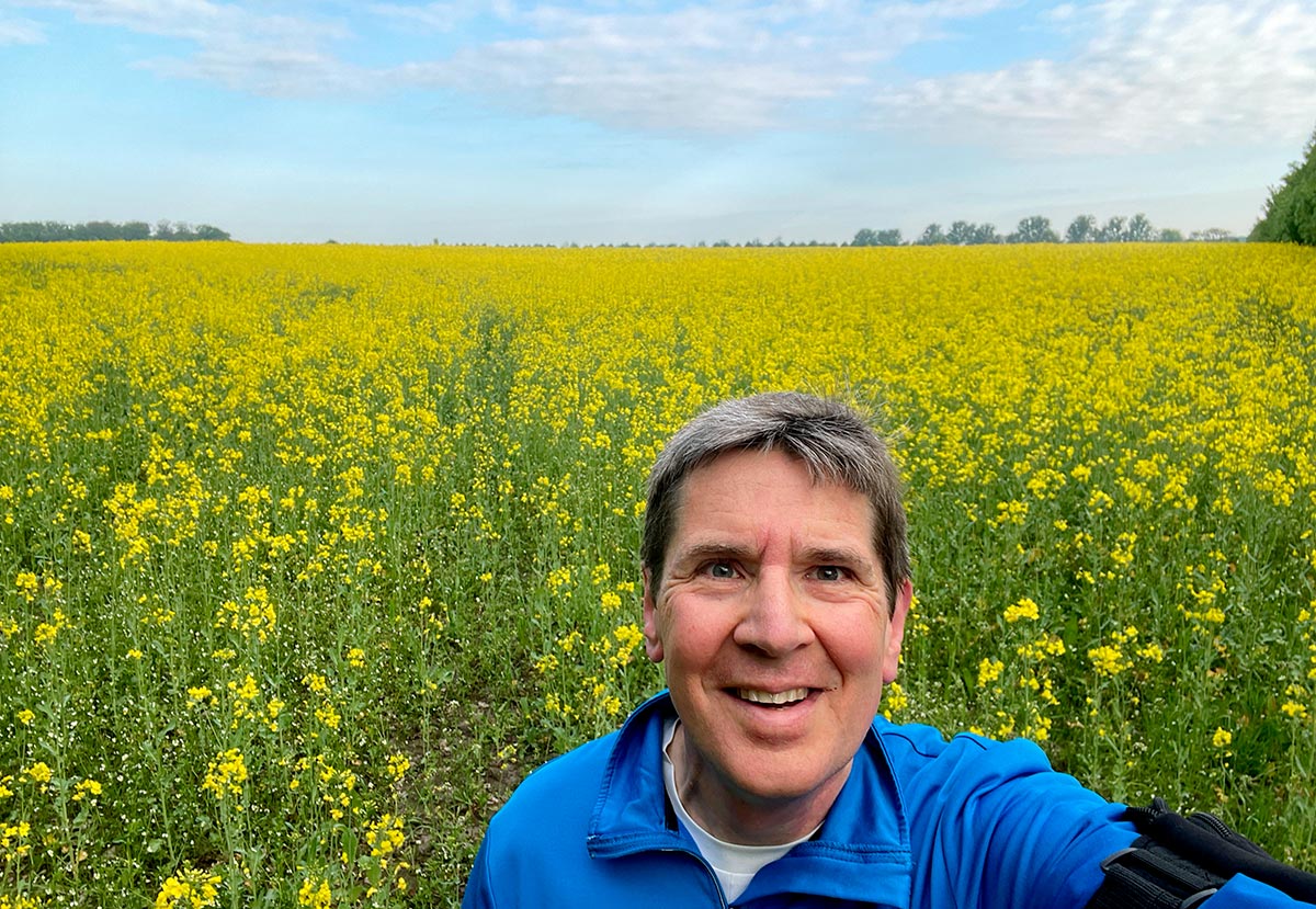 Läufer im blauen Pullover vor einem gelben Rapsfeld