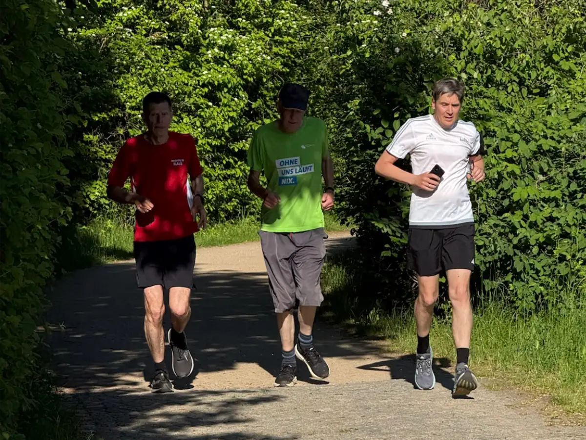 3 Läufer auf einem Parkweg, umgeben von hohen grünen Büschen und Sträuchern