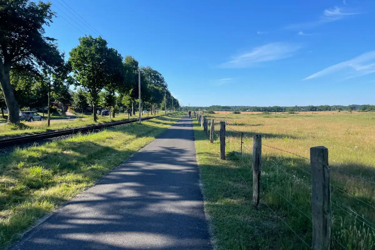 Asphaltierter Weg zwischen Bahngleisen und Wiesen