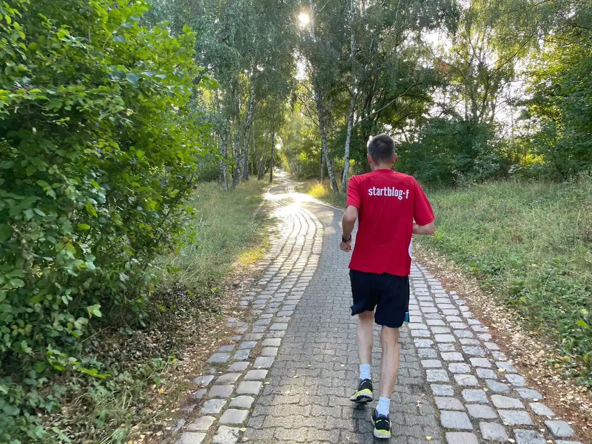 Läufer auf einem schmalen gepflasterten Weg zwischen Büschen und Birken läuft der Sonne entgegen